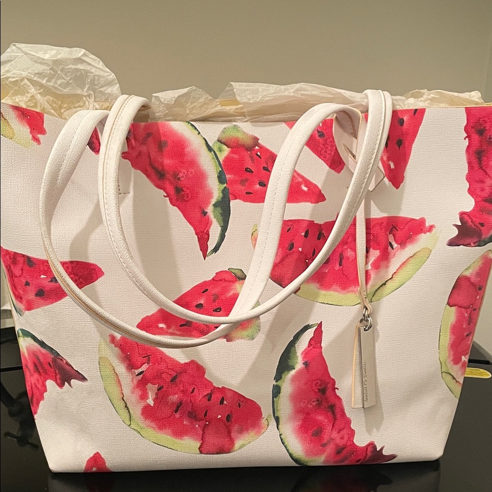 **NWOT** Vince Camuto Faux Leather Tote, White w/ Watermelon Print + Dust Bag